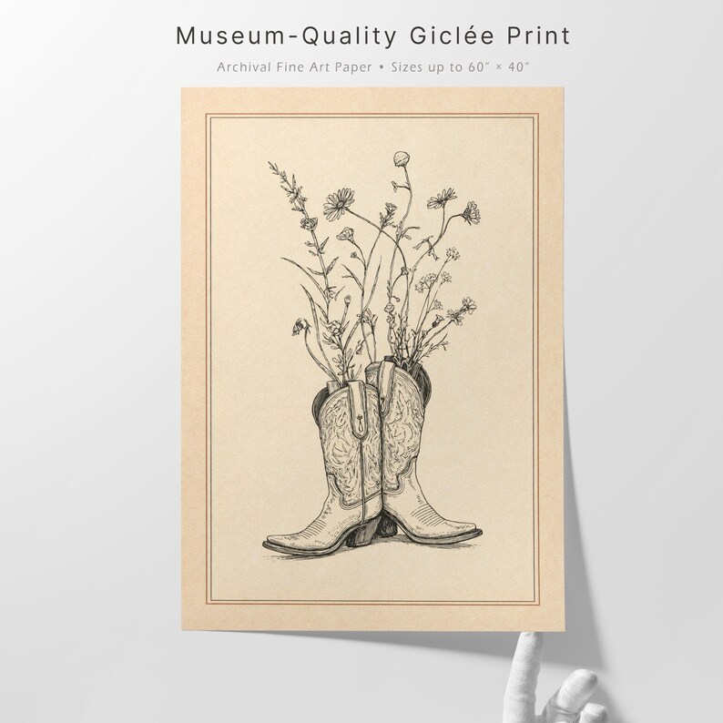 Cowgirl Boots Wall Art Print – Western Floral Decor, Vintage Cowboy Boot Illustration, Rustic Ranch Art, Farmhouse Western Artwork
