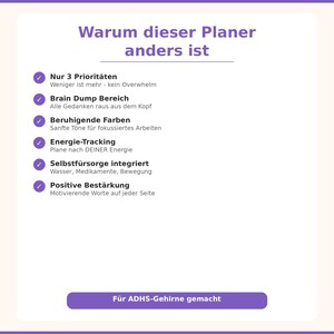 Puede incluir: Un fondo blanco con acentos morados presenta texto en alem&aacute;n. El texto dice "Warum dieser Planer anders ist" (Por qu&eacute; este planificador es diferente). Las vi&ntilde;etas resaltan caracter&iacute;sticas como "3 Prioridades", "Brain Dump" y "Seguimiento de energ&iacute;a". La parte inferior dice "F&uuml;r ADHS-Gehirne gemacht" (Hecho para cerebros con TDAH).