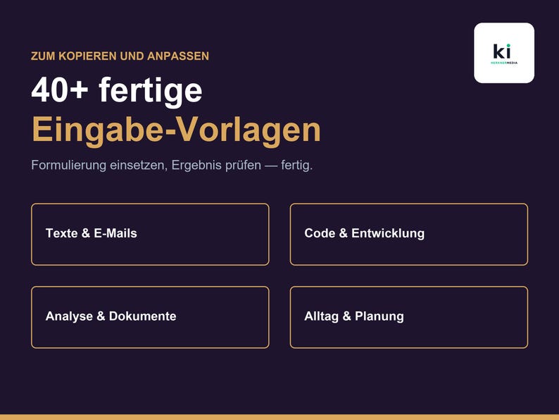 K&ouml;nnte beinhalten: Eine dunkelviolette digitale Grafik mit dem Text ZUM KOPIEREN UND ANPASSEN, 40+ fertige Eingabe-Vorlagen, Formulierung einsetzen, Ergebnis pr&uuml;fen &mdash; fertig. Vier rechteckige Schaltfl&auml;chen enthalten die Beschriftungen Texte & E-Mails, Code & Entwicklung, Analyse & Dokumente und Alltag & Planung.