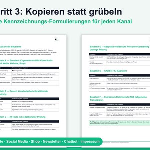 Puede incluir: Un documento informativo de dos p&aacute;ginas titulado Schritt 3: Kopieren statt gr&uuml;beln, que presenta tablas con texto en alem&aacute;n etiquetadas de Baustein A a F. El documento proporciona plantillas de etiquetado estandarizadas para contenido generado por IA.
