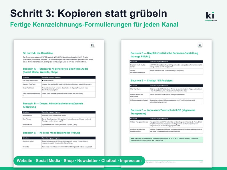 Puede incluir: Un documento informativo de dos p&aacute;ginas titulado Schritt 3: Kopieren statt gr&uuml;beln, que presenta tablas con texto en alem&aacute;n etiquetadas de Baustein A a F. El documento proporciona plantillas de etiquetado estandarizadas para contenido generado por IA.