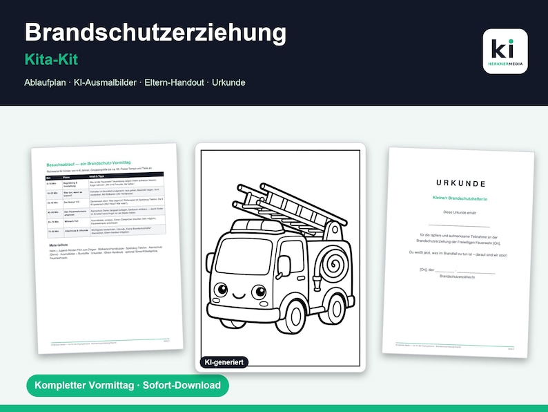 Fire safety education materials for kindergartens | Fire department kindergarten kit: lesson plan + coloring pages + certificate | German | Instant download image 1