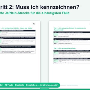 Puede incluir: Un documento informativo de dos p&aacute;ginas titulado Schritt 2: Muss ich kennzeichnen? que presenta un diagrama de flujo para cuatro casos comunes de contenido generado por IA, incluyendo im&aacute;genes, videos, audio, chatbots y texto, con el logo ki.