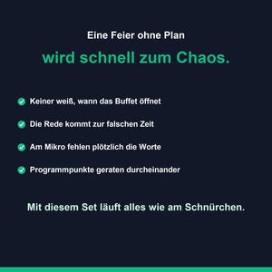 May include: A dark blue graphic with white and green text that reads: Eine Feier ohne Plan wird schnell zum Chaos. It lists four points with green checkmarks and concludes with the text: Mit diesem Set l&auml;uft alles wie am Schn&uuml;rchen.