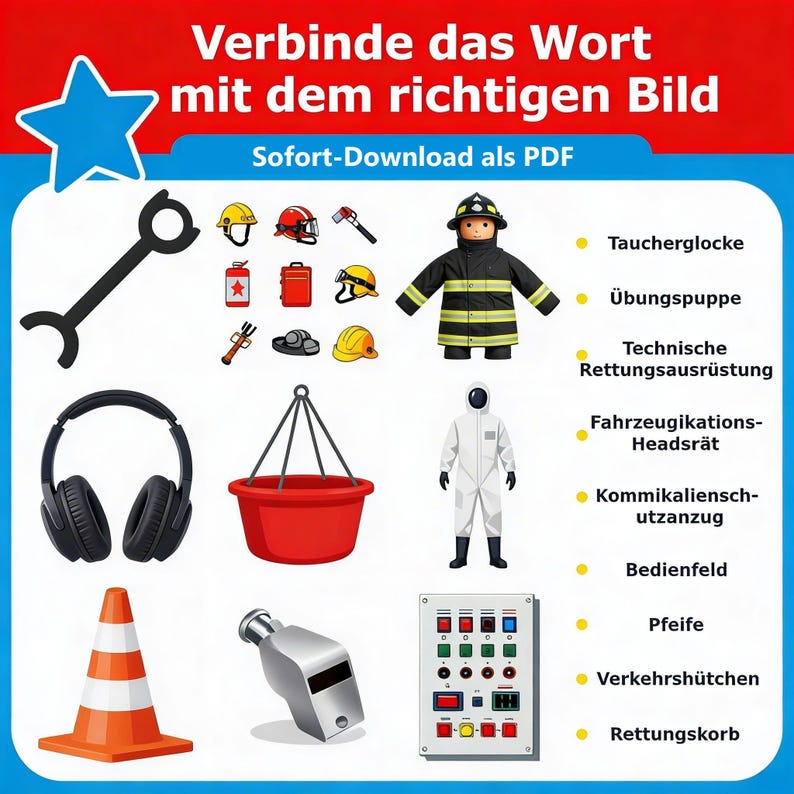 Peut inclure: Une fiche d'activit&eacute; intitul&eacute;e "Verbinde das Wort mit dem richtigen Bild" pr&eacute;sentant des illustrations d'&eacute;quipements de secours, notamment un uniforme de pompier, un casque audio, un c&ocirc;ne de signalisation, un sifflet et un panneau de contr&ocirc;le.