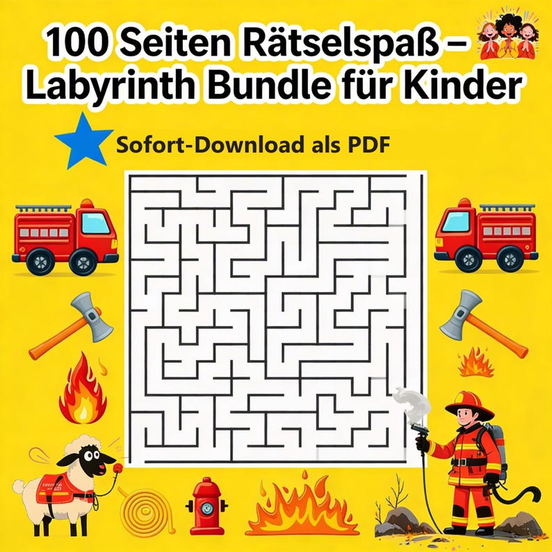 Peut inclure: Une feuille d'activit&eacute;s num&eacute;rique avec un labyrinthe carr&eacute; central sur fond jaune. Le texte indique 100 Seiten R&auml;tselspa&szlig; &ndash; Labyrinth Bundle f&uuml;r Kinder et Sofort-Download als PDF. Les graphismes incluent des camions de pompiers, des haches, des flammes, un mouton, une borne d'incendie et un pompier.