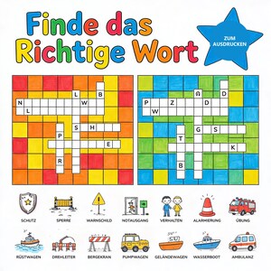 K&ouml;nnte beinhalten: Ein ausdruckbares Arbeitsblatt mit dem Titel Finde das Richtige Wort, das zwei bunte Kreuzwortr&auml;tsel mit gelben, orangen, gr&uuml;nen und blauen Gittern zeigt. Darunter befinden sich vierzehn illustrierte Symbole mit deutschen Begriffen.