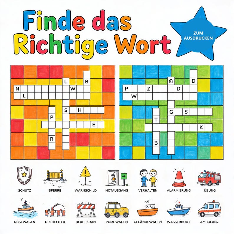 K&ouml;nnte beinhalten: Ein ausdruckbares Arbeitsblatt mit dem Titel Finde das Richtige Wort, das zwei bunte Kreuzwortr&auml;tsel mit gelben, orangen, gr&uuml;nen und blauen Gittern zeigt. Darunter befinden sich vierzehn illustrierte Symbole mit deutschen Begriffen.
