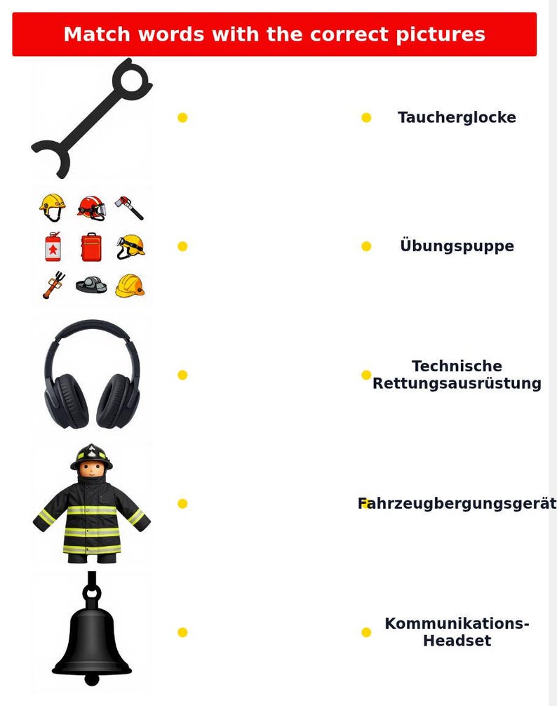Peut inclure: Une fiche d'exercices &eacute;ducative intitul&eacute;e Match words with the correct pictures. Elle pr&eacute;sente une ic&ocirc;ne de cl&eacute; noire, des ic&ocirc;nes d'&eacute;quipement d'urgence, un casque audio noir, une poup&eacute;e pompier et une cloche noire, avec des &eacute;tiquettes en allemand.