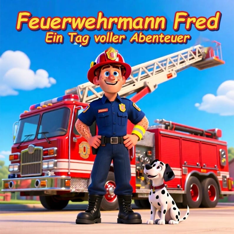May include: A cartoon illustration featuring a firefighter in a blue uniform and red helmet standing in front of a red fire engine with an extended ladder. A white and black spotted dog sits beside the firefighter. The text reads Feuerwehrmann Fred Ein Tag voller Abenteuer.