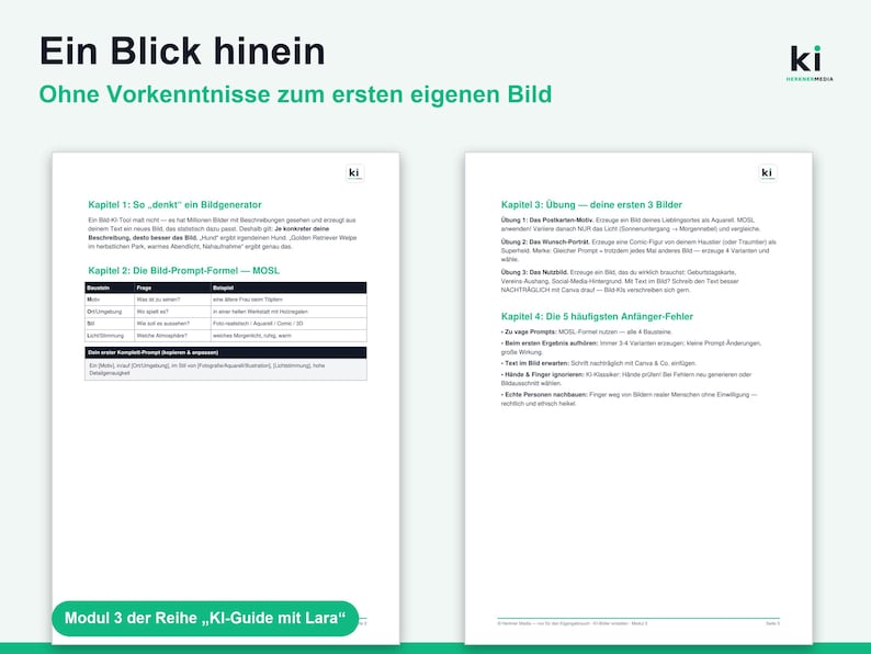 May include: Two white pages of a guide titled Ein Blick hinein, featuring black text and green headings. The content includes chapters on AI image generation, a prompt formula table, exercises for creating images, and common beginner mistakes.