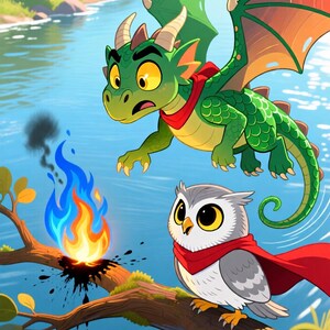 K&ouml;nnte beinhalten: Ein gr&uuml;ner Drache mit gelben Augen und einem roten Schal fliegt &uuml;ber einer grauen Eule mit rotem Umhang. Die Eule sitzt auf einem Ast neben einer kleinen, hellblauen und orangefarbenen Flamme, die eine kleine schwarze Rauchwolke ausst&ouml;&szlig;t.