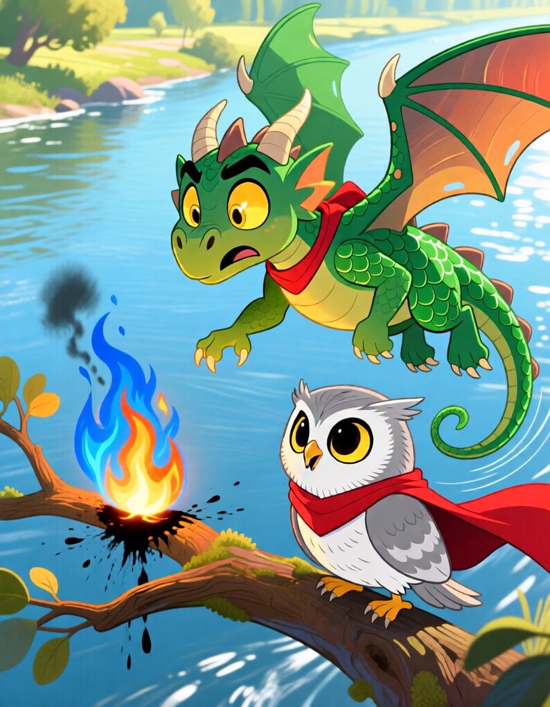 K&ouml;nnte beinhalten: Ein gr&uuml;ner Drache mit gelben Augen und einem roten Schal fliegt &uuml;ber einer grauen Eule mit rotem Umhang. Die Eule sitzt auf einem Ast neben einer kleinen, hellblauen und orangefarbenen Flamme, die eine kleine schwarze Rauchwolke ausst&ouml;&szlig;t.