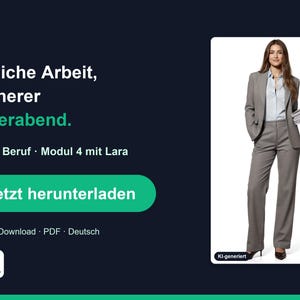 Op de afbeelding: Een donkerblauwe grafische advertentie met de tekst Gleiche Arbeit, fr&uuml;herer Feierabend. KI im Beruf, Modul 4 mit Lara, en een groene knop met het label Jetzt herunterladen. Een persoon in een grijs pak houdt een stapel papier in een wit kader.