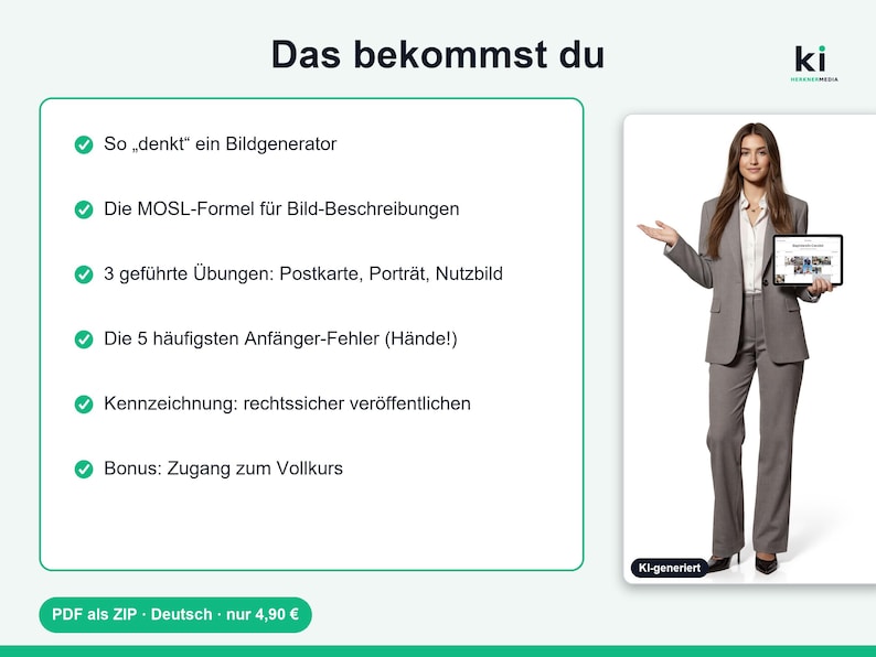 May include: A digital educational graphic titled Das bekommst du featuring a list of six course modules with green checkmarks. To the right, a professional in a grey suit holds a tablet displaying a grid of images, with a KI-generiert label below.