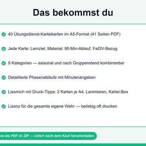 May include: A digital information graphic titled Das bekommst du featuring a list of six bullet points with green checkmarks. The text details 40 A5 training cards in a 41-page PDF, including learning goals, 9 categories, detailed schedules, printing tips, and a licence for unlimited printing.