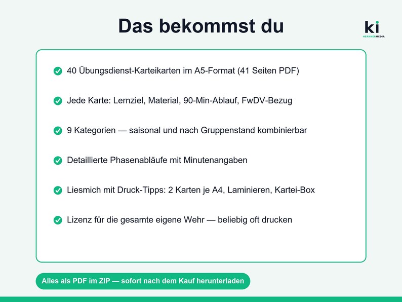 May include: A digital information graphic titled Das bekommst du featuring a list of six bullet points with green checkmarks. The text details 40 A5 training cards in a 41-page PDF, including learning goals, 9 categories, detailed schedules, printing tips, and a licence for unlimited printing.