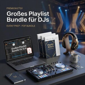K&ouml;nnte beinhalten: Ein Laptop mit DJ-Software-Oberfl&auml;che, ein schwarzer DJ-Controller, drei spiralgebundene Notizb&uuml;cher mit der Aufschrift Playlist Sheets, ein schwarz-goldener Kopfh&ouml;rer auf einem Holzst&auml;nder, eine Tasse mit DJ LIFE Text und ein DJ LIFE Notizbuch.