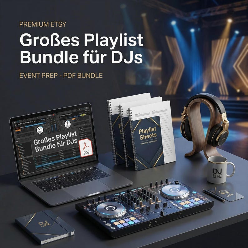 K&ouml;nnte beinhalten: Ein Laptop mit DJ-Software-Oberfl&auml;che, ein schwarzer DJ-Controller, drei spiralgebundene Notizb&uuml;cher mit der Aufschrift Playlist Sheets, ein schwarz-goldener Kopfh&ouml;rer auf einem Holzst&auml;nder, eine Tasse mit DJ LIFE Text und ein DJ LIFE Notizbuch.