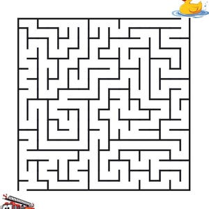 Peut inclure: Un labyrinthe carr&eacute; compos&eacute; de lignes noires &eacute;paisses sur un fond blanc. Un canard en caoutchouc jaune portant un casque de pompier rouge est plac&eacute; dans le coin sup&eacute;rieur droit, et un camion de pompiers rouge est situ&eacute; en bas &agrave; gauche.