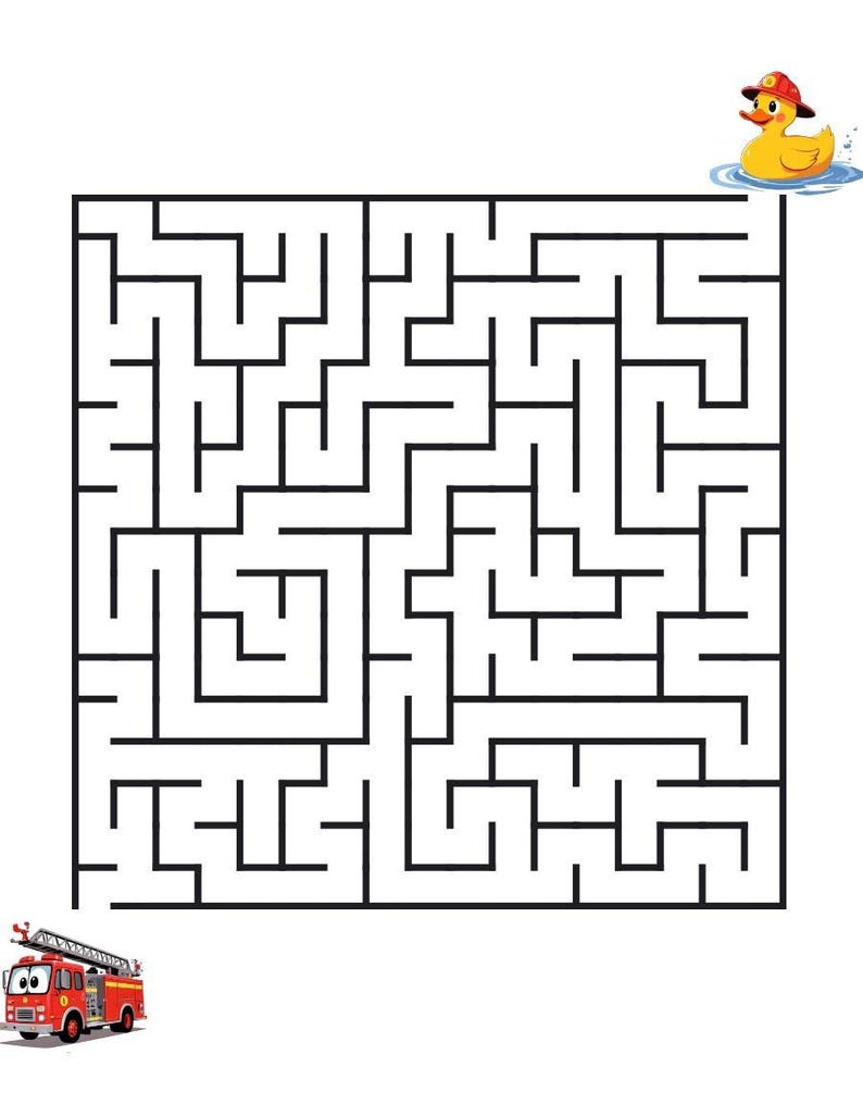 Peut inclure: Un labyrinthe carr&eacute; compos&eacute; de lignes noires &eacute;paisses sur un fond blanc. Un canard en caoutchouc jaune portant un casque de pompier rouge est plac&eacute; dans le coin sup&eacute;rieur droit, et un camion de pompiers rouge est situ&eacute; en bas &agrave; gauche.