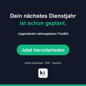 Puede incluir: Un gr&aacute;fico digital azul oscuro que presenta el texto en blanco y verde: "Dein n&auml;chstes Dienstjahr ist schon geplant. Jugendwart-Jahresplaner-Toolkit". Incluye un bot&oacute;n verde con el texto blanco "Jetzt herunterladen" y un peque&ntilde;o logotipo con las letras "ki".