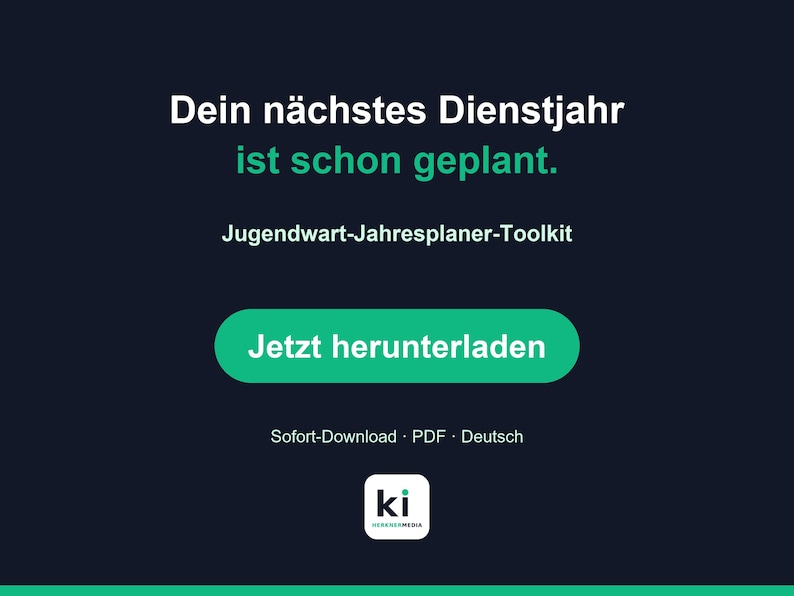 Puede incluir: Un gr&aacute;fico digital azul oscuro que presenta el texto en blanco y verde: "Dein n&auml;chstes Dienstjahr ist schon geplant. Jugendwart-Jahresplaner-Toolkit". Incluye un bot&oacute;n verde con el texto blanco "Jetzt herunterladen" y un peque&ntilde;o logotipo con las letras "ki".