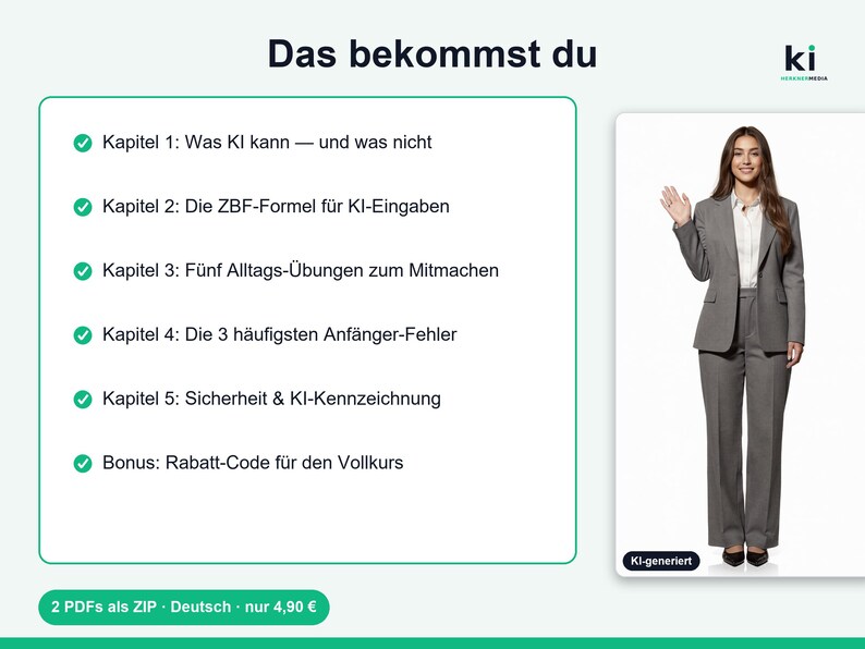 May include: A digital infographic titled Das bekommst du featuring a list of five chapters and a bonus section regarding AI training. To the right, a full-body image of a person in a grey suit waving, with a small KI-generiert label at the bottom.