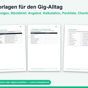 K&ouml;nnte beinhalten: Ein Set aus acht Vorlagen f&uuml;r den Gig-Alltag, darunter Frageb&ouml;gen, Steckbriefe, Angebote, Kalkulationen, Packlisten und Checklisten. Die Dokumente zeigen schwarzen Text auf wei&szlig;em Papier mit gr&uuml;nen Akzenten und dem ki-Logo.