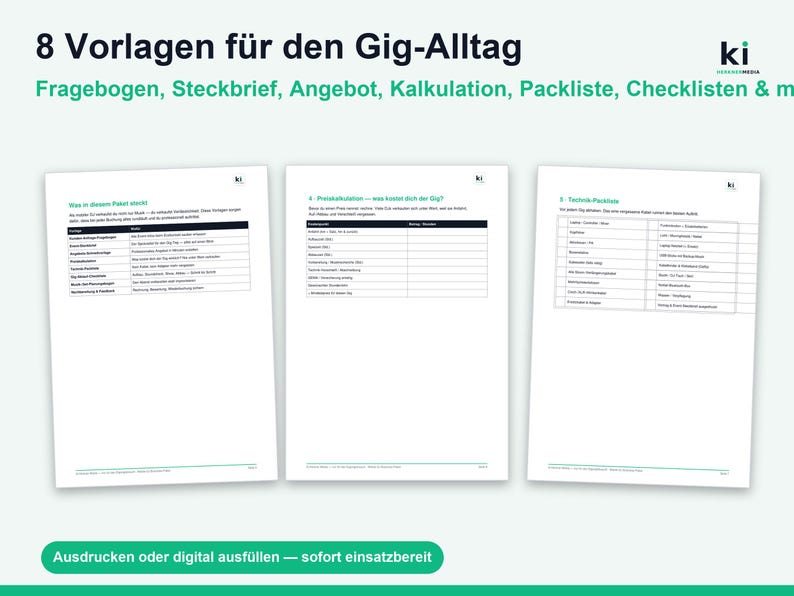 K&ouml;nnte beinhalten: Ein Set aus acht Vorlagen f&uuml;r den Gig-Alltag, darunter Frageb&ouml;gen, Steckbriefe, Angebote, Kalkulationen, Packlisten und Checklisten. Die Dokumente zeigen schwarzen Text auf wei&szlig;em Papier mit gr&uuml;nen Akzenten und dem ki-Logo.