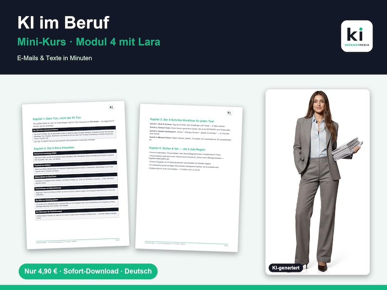 Op de afbeelding: Een digitale cursusafbeelding getiteld KI im Beruf, Mini-Kurs, Modul 4 mit Lara, E-Mails & Texte in Minuten. Het toont twee witte tekstpagina's met zwarte koppen en een foto van een persoon in een grijs pak die een stapel papier vasthoudt.