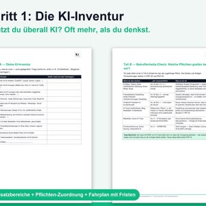 Puede incluir: Dos p&aacute;ginas de documentos blancas tituladas Schritt 1: Die KI-Inventur. La p&aacute;gina izquierda presenta una tabla para el inventario de IA. La p&aacute;gina derecha contiene una tabla titulada Teil B - Betroffenheits-Check, que detalla las obligaciones legales.
