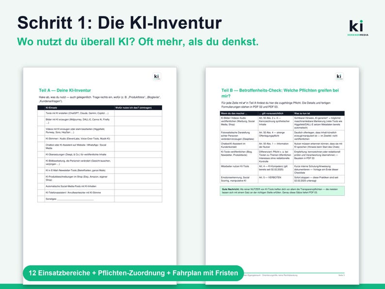 Puede incluir: Dos p&aacute;ginas de documentos blancas tituladas Schritt 1: Die KI-Inventur. La p&aacute;gina izquierda presenta una tabla para el inventario de IA. La p&aacute;gina derecha contiene una tabla titulada Teil B - Betroffenheits-Check, que detalla las obligaciones legales.