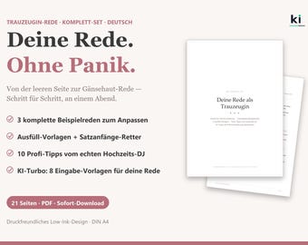 Modello per il discorso della damigella d'onore in tedesco | Set PDF completo con 3 discorsi di esempio, consigli professionali dal DJ del matrimonio e moduli di testo | Download immediato