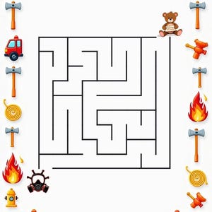 Peut inclure: Un labyrinthe carr&eacute; entour&eacute; d'une bordure d'illustrations sur le th&egrave;me des pompiers, comprenant des camions rouges, des bouches d'incendie jaunes, des flammes orange, des haches grises, des tuyaux enroul&eacute;s jaunes, un masque &agrave; gaz et un ours.