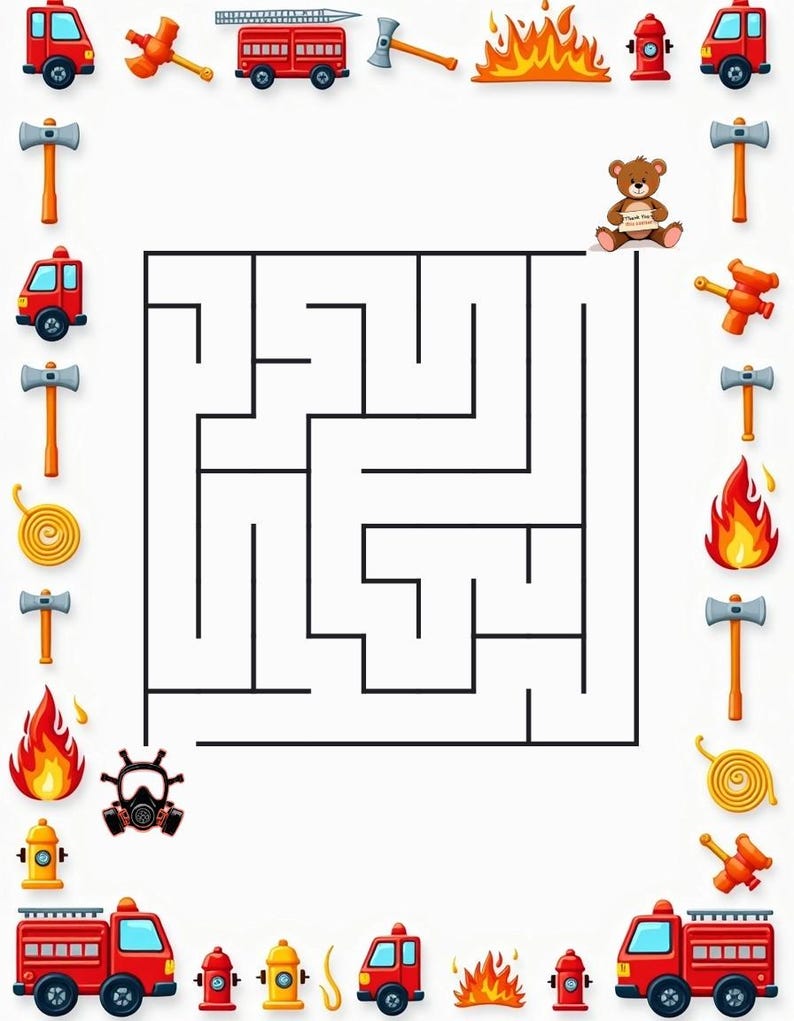 Peut inclure: Un labyrinthe carr&eacute; entour&eacute; d'une bordure d'illustrations sur le th&egrave;me des pompiers, comprenant des camions rouges, des bouches d'incendie jaunes, des flammes orange, des haches grises, des tuyaux enroul&eacute;s jaunes, un masque &agrave; gaz et un ours.