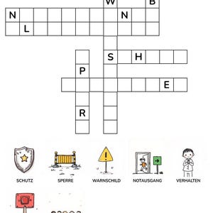K&ouml;nnte beinhalten: Ein schwarz-wei&szlig;es Kreuzwortr&auml;tsel mit sich kreuzenden W&ouml;rtern und Buchstaben, erg&auml;nzt durch sieben illustrierte Symbole am unteren Rand, die mit den W&ouml;rtern SCHUTZ, SPERRE, WARNSCHILD, NOTAUSGANG, VERHALTEN, ALARMIERUNG und &Uuml;BUNG beschriftet sind.