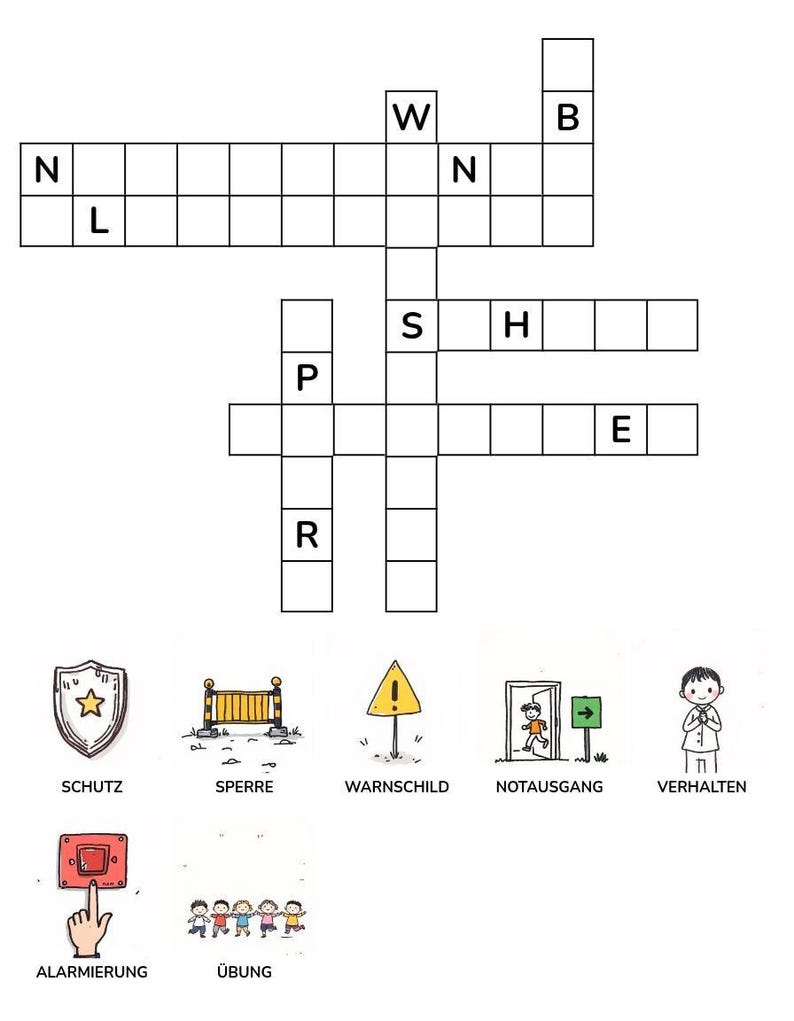 K&ouml;nnte beinhalten: Ein schwarz-wei&szlig;es Kreuzwortr&auml;tsel mit sich kreuzenden W&ouml;rtern und Buchstaben, erg&auml;nzt durch sieben illustrierte Symbole am unteren Rand, die mit den W&ouml;rtern SCHUTZ, SPERRE, WARNSCHILD, NOTAUSGANG, VERHALTEN, ALARMIERUNG und &Uuml;BUNG beschriftet sind.