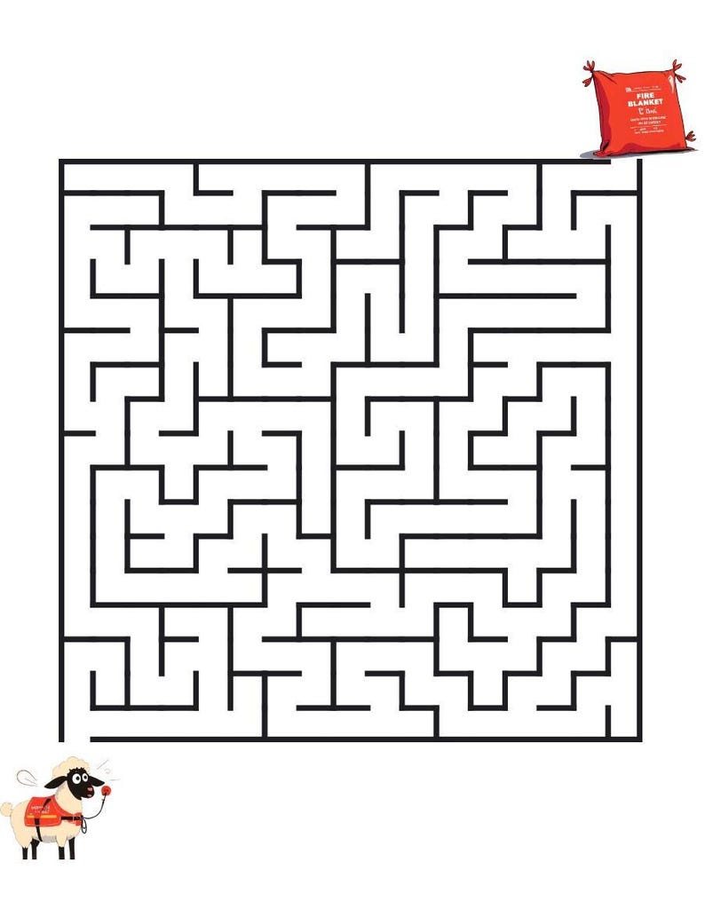 Peut inclure: Un labyrinthe carr&eacute; en noir et blanc avec un petit mouton de dessin anim&eacute; portant un gilet rouge dans le coin inf&eacute;rieur gauche et une pochette de couverture anti-feu rouge avec le texte FIRE BLANKET imprim&eacute; dans le coin sup&eacute;rieur droit.
