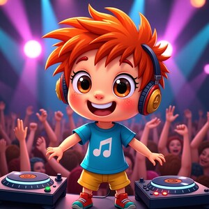 K&ouml;nnte beinhalten: Cartoon-Illustration eines Kindes als DJ mit orangefarbenem Haar, das ein blaues T-Shirt mit einer Musiknote, gelbe Shorts und rote Turnschuhe tr&auml;gt. Das Kind tr&auml;gt Kopfh&ouml;rer und steht vor Plattenspielern, mit einer Menschenmenge im Hintergrund.