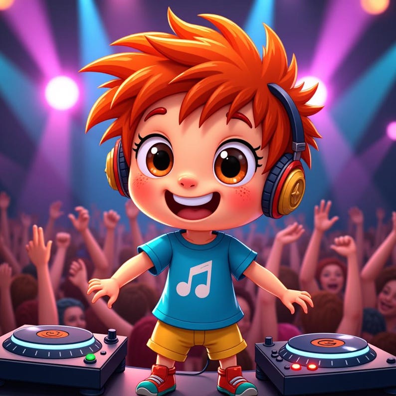 K&ouml;nnte beinhalten: Cartoon-Illustration eines Kindes als DJ mit orangefarbenem Haar, das ein blaues T-Shirt mit einer Musiknote, gelbe Shorts und rote Turnschuhe tr&auml;gt. Das Kind tr&auml;gt Kopfh&ouml;rer und steht vor Plattenspielern, mit einer Menschenmenge im Hintergrund.