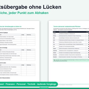 May include: A two-page document titled Amts&uuml;bergabe ohne L&uuml;cken with the subtitle 5 Bereiche, jeder Punkt zum Abhaken. The pages contain checklists for keys, finances, contracts, personnel, and technical documentation with checkboxes.