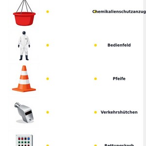 Peut inclure: Une fiche d'exercices &eacute;ducative intitul&eacute;e Match words with the correct pictures. Elle pr&eacute;sente un seau rouge, une combinaison de protection blanche, un c&ocirc;ne de signalisation orange, un sifflet argent&eacute; et un panneau de contr&ocirc;le avec des boutons.