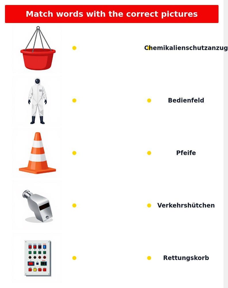 Peut inclure: Une fiche d'exercices &eacute;ducative intitul&eacute;e Match words with the correct pictures. Elle pr&eacute;sente un seau rouge, une combinaison de protection blanche, un c&ocirc;ne de signalisation orange, un sifflet argent&eacute; et un panneau de contr&ocirc;le avec des boutons.