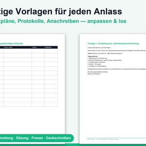 May include: Two white document templates with black text. The left page shows a blank grid table titled &Uuml;bungsdienstplan (Quartal). The right page displays a formal invitation template titled Vorlage 1: Einladung zur Jahreshauptversammlung with placeholders.