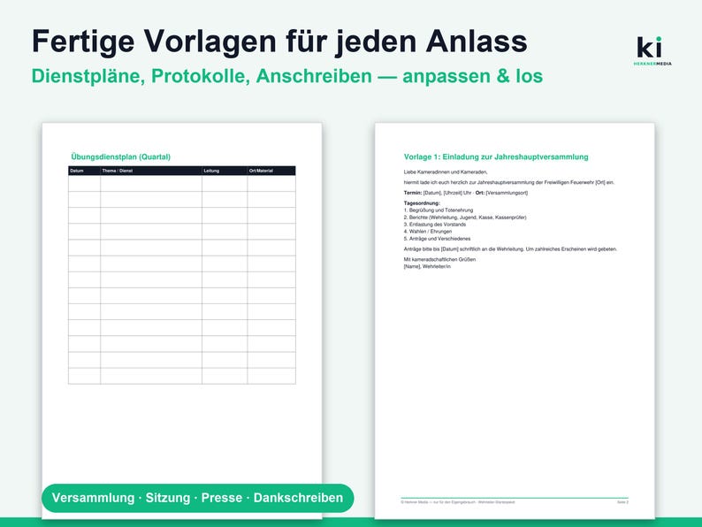 May include: Two white document templates with black text. The left page shows a blank grid table titled &Uuml;bungsdienstplan (Quartal). The right page displays a formal invitation template titled Vorlage 1: Einladung zur Jahreshauptversammlung with placeholders.