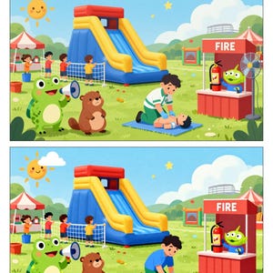 May include: An illustrated scene of a park with a yellow and blue inflatable slide, children, and cartoon characters. The text at the top says, "Can you find the 5 mistakes in the image below?" A person is performing CPR on another person.