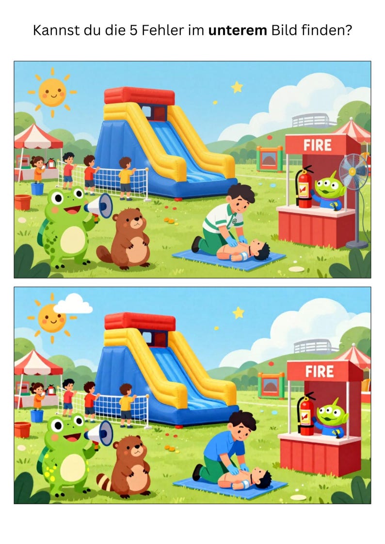 May include: An illustrated scene of a park with a yellow and blue inflatable slide, children, and cartoon characters. The text at the top says, "Can you find the 5 mistakes in the image below?" A person is performing CPR on another person.