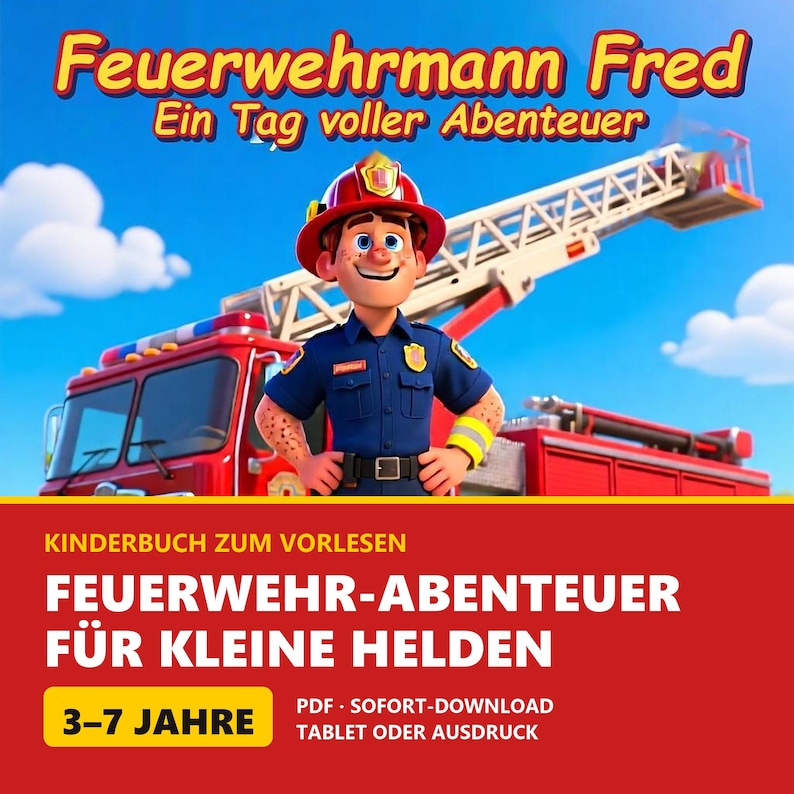 May include: A children's book cover titled Feuerwehrmann Fred Ein Tag voller Abenteuer featuring a cartoon firefighter in a red helmet and blue uniform standing in front of a red fire truck with a ladder against a blue sky with white clouds.