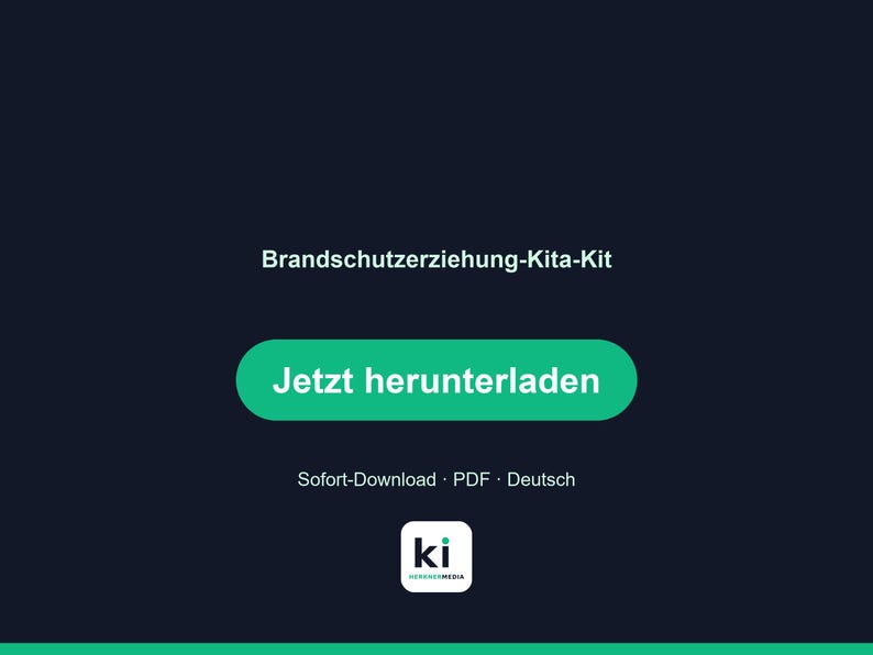 May include: A dark blue digital graphic featuring the white text Brandschutzerziehung-Kita-Kit, a green button with the white text Jetzt herunterladen, the text Sofort-Download PDF Deutsch, and a white square logo with the black and green text ki.
